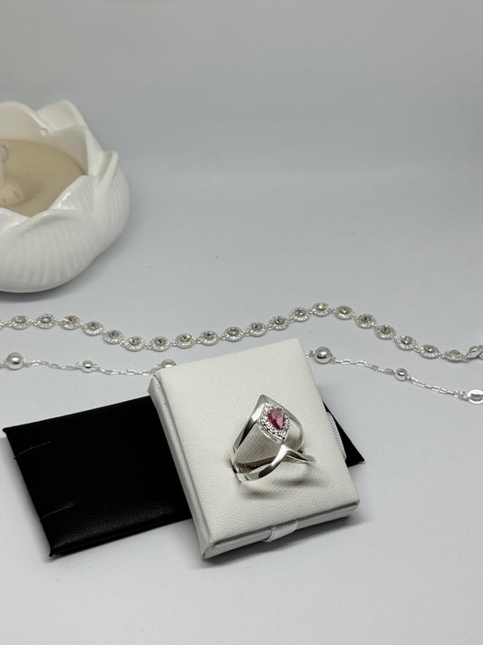Anel em V Duplo com Gota Cravejada com Zircônias Rosa